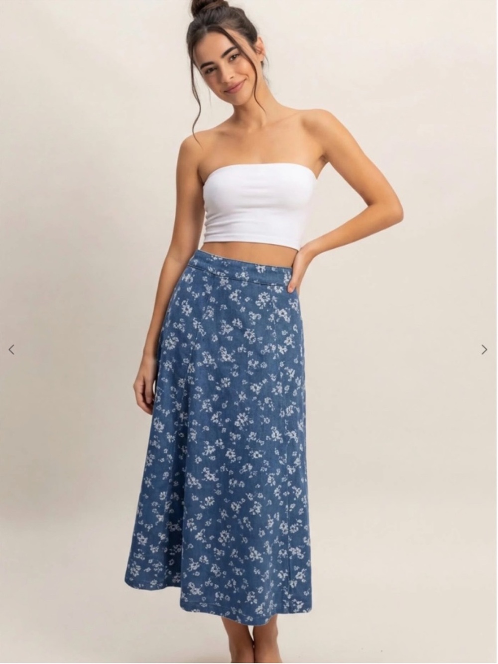 NEW HYFVE Blue Floral Cotton A-Line Midi Skirt Large